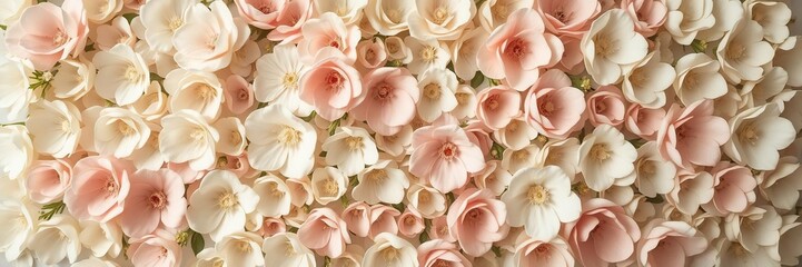 Background of vintage style artificial flowers wall with faded pastel colors and delicate petals, perfect for adding a touch of nostalgia to any design project, artificial flowers