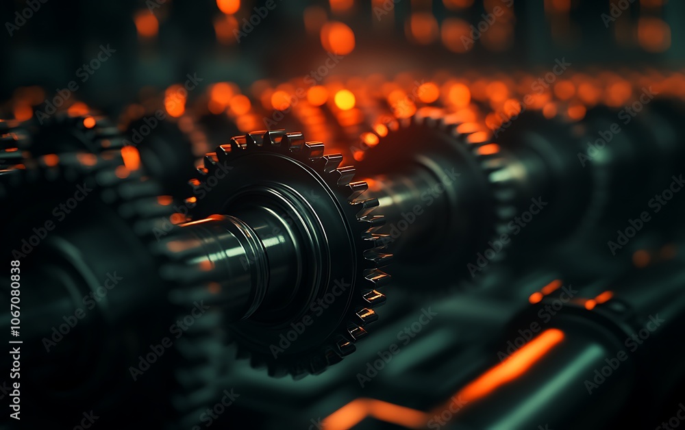 Leinwandbilder close-up of interlocking metallic gears in an industrial setting, illuminated by a warm glow, highli