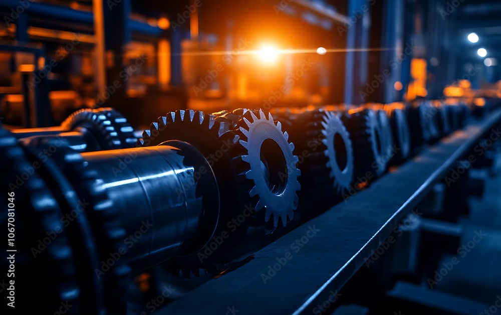 Poster a close-up view of industrial gears in a dimly lit factory, showcasing the intricate mechanics and v
