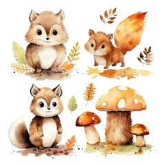 Obraz premium Cute woodland creatures and autumn elements in watercolor art