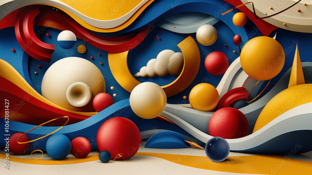 Poster dynamic abstract composition featuring colorful shapes and waves, creating vibrant and playful atmos
