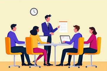 Team Collaboration Meeting Illustration: Business People Discussing Project in Office Setting
