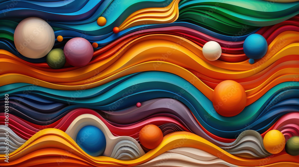 Poster colorful wavy lines create vibrant abstract composition with spheres in various sizes and colors, ev