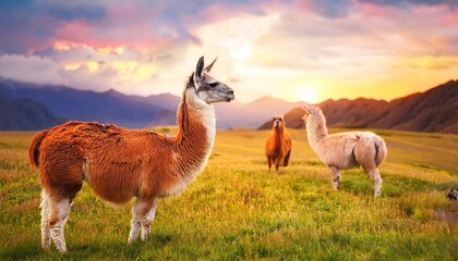 Obraz premium nature farm llamas, grass field background, Fresh and Relax concept. For montage product display or design key visual layout. View of copy space