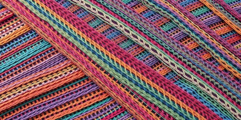 Diagonally angled interweaving threads of fabric in colorful patterns, textile industry
