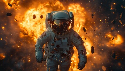 Cinematic scene of an astronaut during an explosion, futuristic action movie concept. Exploring the universe, astronaut, explosion, futuristic action, 