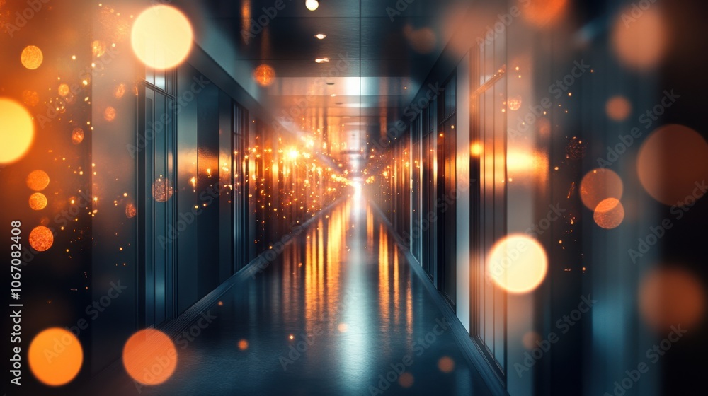 Aufkleber glowing corridor with bokeh effect and reflections