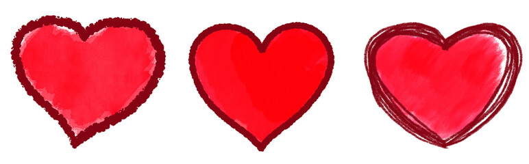 Illustration set of red hearts, colored in watercolor with dark red heart outline.
