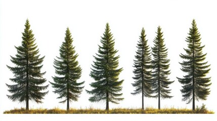 On a white background, tall pine trees are isolated.