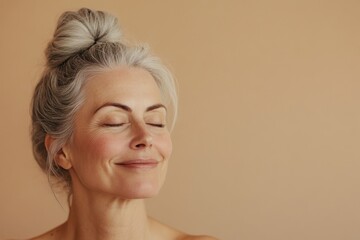 A serene older woman with her eyes closed, smiling softly, embodies peace and contentment Generated AI