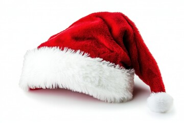 Red and white festive Santa Claus hat on a clean white background, symbolizing Christmas cheer and holiday traditions. Perfect for seasonal greetings and winter celebrations. Generated AI
