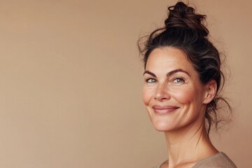 A smiling woman with a natural and relaxed appearance against a neutral background, exuding warmth and confidence. Perfect for portraying authenticity and positivity. Generated AI