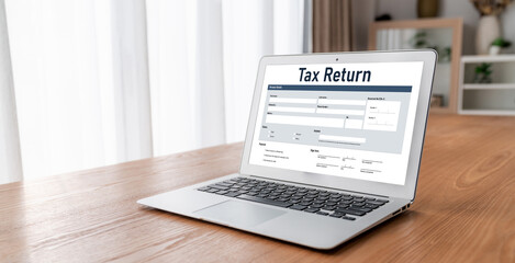 Online tax return form for submitting individual income tax return form snugly on the internet website. Government web for tax payment and return. Taxation technology concept.