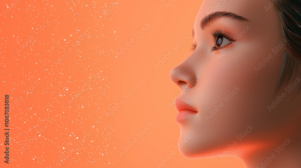 Poster digital human face in profile against orange background, showcasing neural network concept with spar