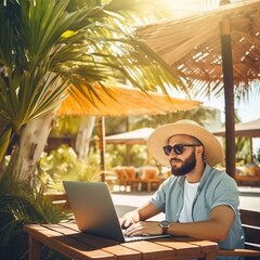 Young man freelancer traveler working online using laptop while traveling on summer vacation.