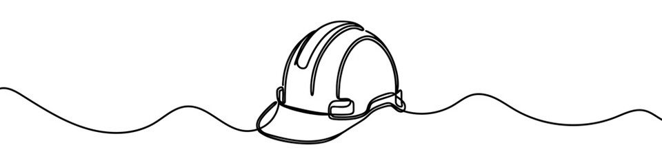 Single line drawing of a hard hat representing workplace safety and protection in the construction industry