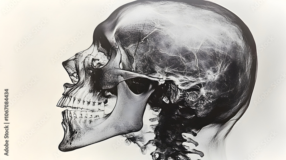 Poster Detailed X-Ray Scan Image Showcasing the Intricate Skeletal Anatomy and Structure of a Human Skull,Ideal for Medical,Academic,and Scientific Purposes Such as Research,Education,and Diagnosis.