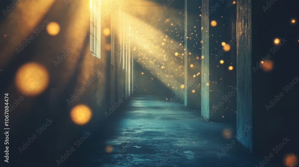 Poster ethereal light in dark corridor with floating particles