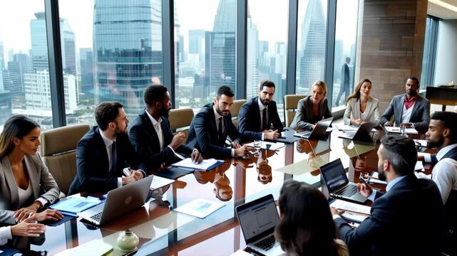 Diverse group of business professionals seated around a conference table in an elegant international office, discussing strategies with charts and laptops, representing a business meeting abroad