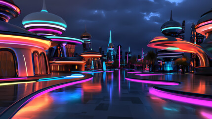A futuristic cityscape at night with vibrant neon accents and reflective surfaces. Futuristic. Illustration