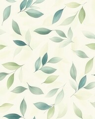A delicate seamless pattern featuring hand-drawn leaves in soft pastel greens and blues