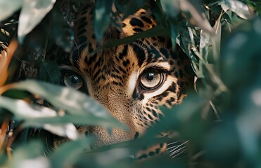 Obraz premium A Close-Up View of a Leopard's Eye Peeking Through Lush Foliage