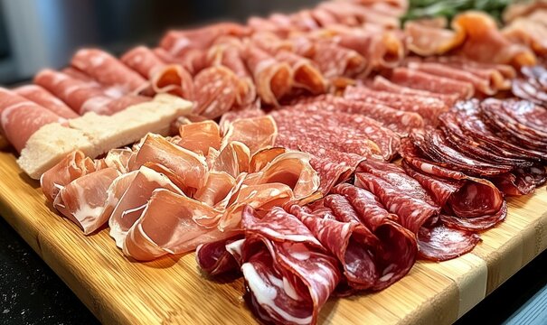 Italian deli meats like prosciutto and capicola on a charcuterie board