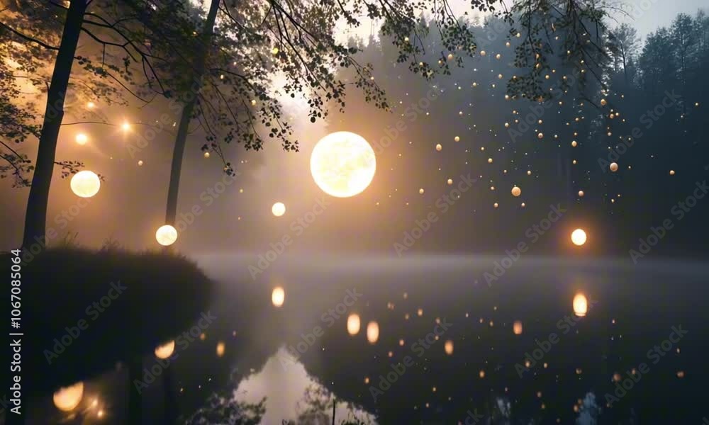Wall mural bright floating orbs in a dark foggy environment with ethereal, soft-focus lighting