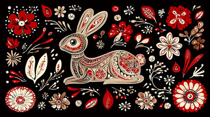 Naklejka premium Explore the charm of hand-illustrated floral rabbit designs in vibrant red and white patterns