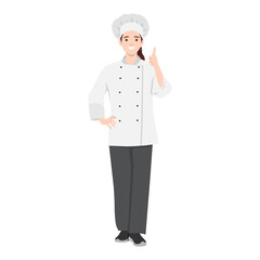 Young confident chef woman standing in uniform. Flat vector illustration isolated on white background