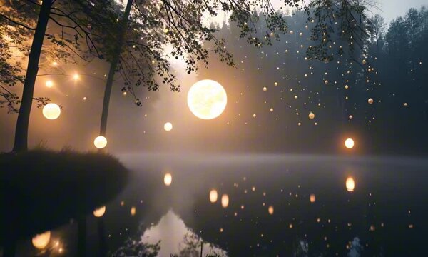 Bright floating orbs in a dark foggy environment with ethereal, soft-focus lighting