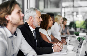 Meeting, planning and teamwork with business man in office for growth, development and strategy. Insight solution, corporate organization and idea with people in boardroom for project management