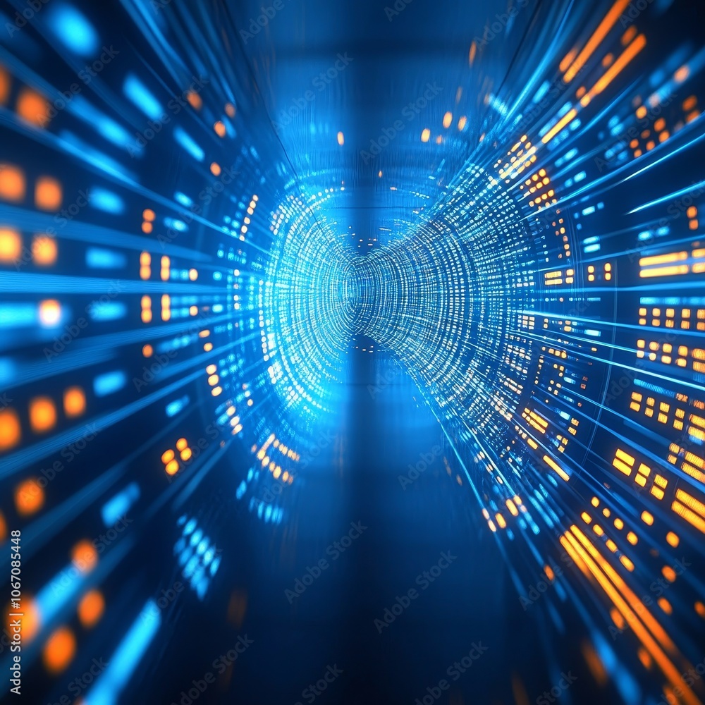 Poster abstract futuristic technology. digital data tunnel, big data flow, visualization. 3d illustration.
