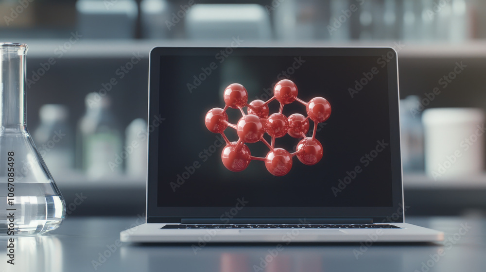 Poster laptop displaying digital hologram of molecular structure in laboratory setting. scene conveys sense