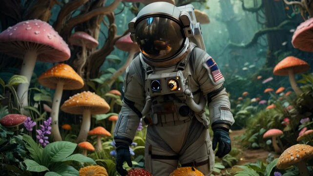 An astronaut in a full spacesuit walks through a forest of giant orange mushrooms under soft, diffused light, creating a surreal and otherworldly atmosphere. alien planet.