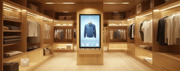 Futuristic Smart Mirror Displaying Clothing Options for Augmented Fitting Experience in Modern Retail Transaction