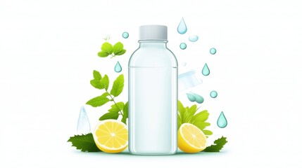 A refreshing bottle of water surrounded by lemon and mint, symbolizing hydration and natural ingredients.