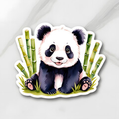watercolor sticker  - little panda surrounded by bamboo on a  white background