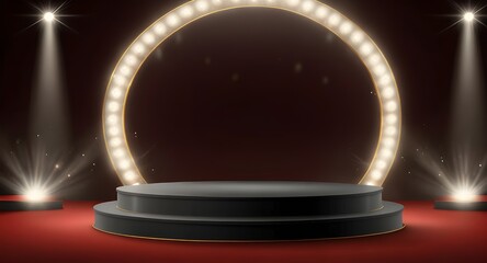 Round stage podium with light. Stage vector backdrop. Festive podium scene with red carpet for award ceremony