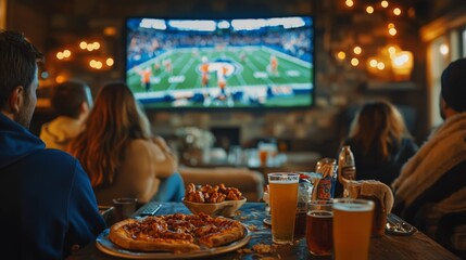 Friends and family watching Super Bowl together with snacks