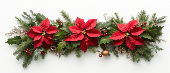 Festive Christmas garland with red poinsettias and evergreen foliage