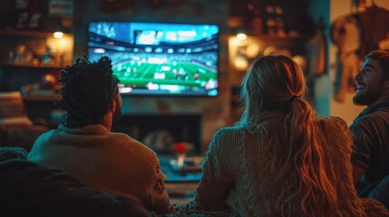Friends watching Super Bowl commercials in decorated living room setting