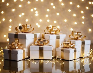 Beautifully arranged white gift boxes with golden ribbons on a sparkling background.