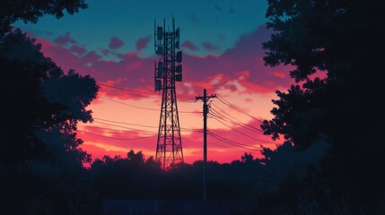 Fototapeta premium Vibrant Sunset Behind Communication Tower