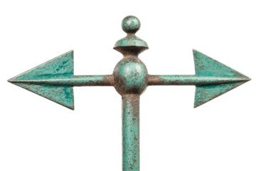 Vintage weather vane with arrows indicating direction, white isolate background.