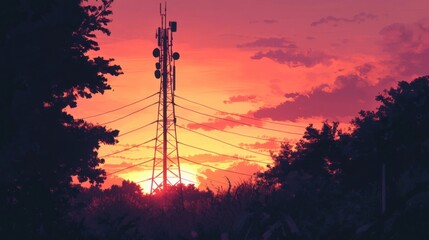 Sunset Silhouette of a Communication Tower