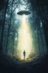 A man is being abductrd by an alien spaceship in the woods, UFO concept
