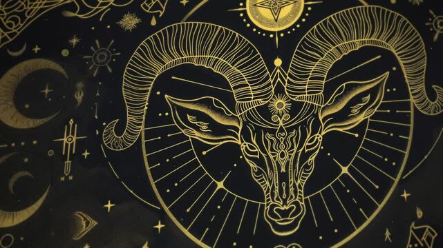 Ornate depiction of a mystical goat deity or capricorn zodiac sign with intricate gold patterns and celestial elements against a black, starry background. Golden line drawing