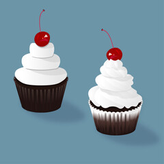 Cupcakes vector illustration.  Cupcakes with cream and fruits. Dessert. 
Cupcake with white cream and cherry