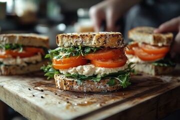 Someone is cutting up a sandwich with tomatoes and lettuce